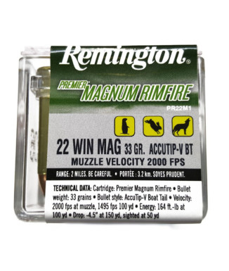 Munición metálica REMINGTON Premier Magnum Rimfire ACCUTIP-V - .22 Magnum - 33 grains
